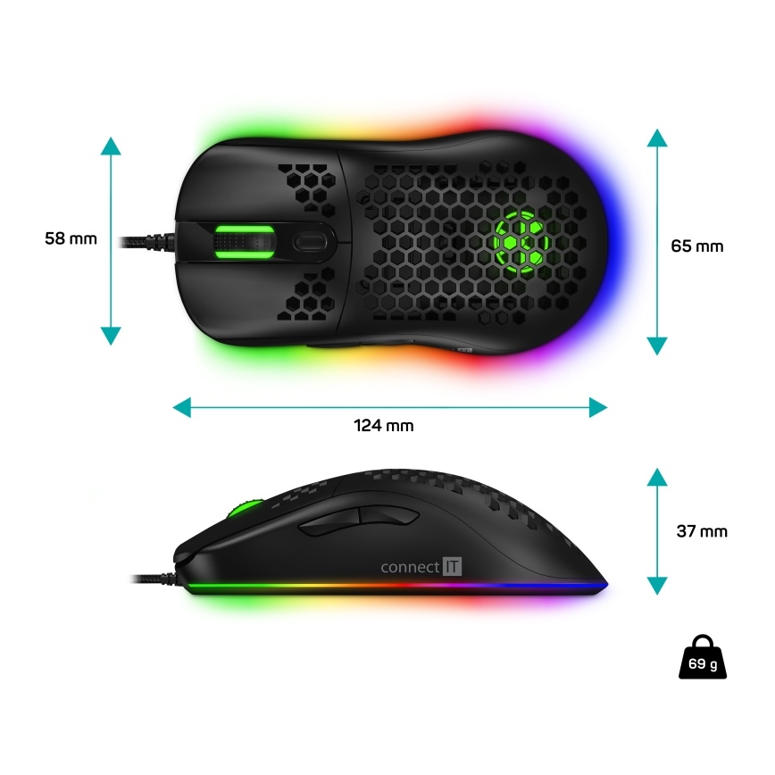 CONNECT IT CMO-5511-BK - LED RGB Juhtmega mängurihiir 200-12800 DPI must