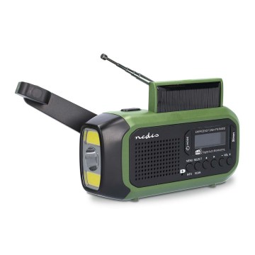 DAB+/FM-raadio käsikäivitusega, päikesepaneeliga ja integreeritud LED-taskulambiga, 5V/2500 mAh, roheline/must