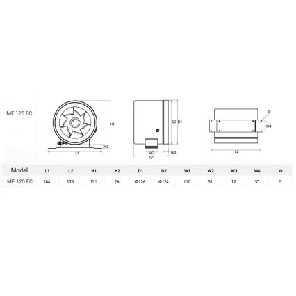 Dalap 24MF125 - Kanaliventilaator energiasäästliku mootoriga ja kiiruse regulaatoriga MF 125 EC 20W/230V