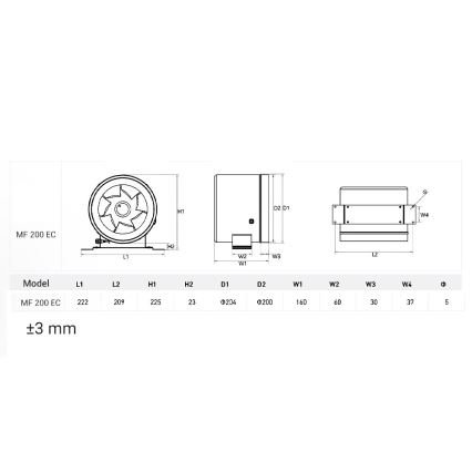 Dalap 24MF200 - Kanaliventilaator säästliku mootoriga ja kiiruse regulaatoriga MF 200 EC 75W/230V