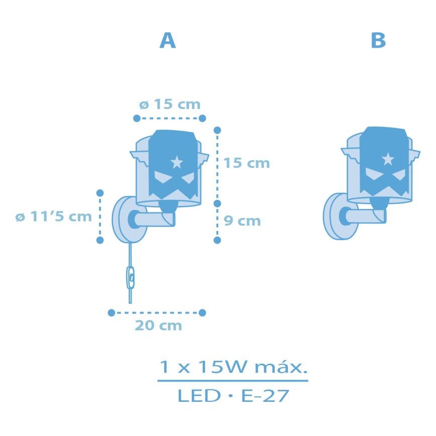 Dalber 61819 - Seinavalgusti lastele SININE HERO 1xE27/15W/230V
