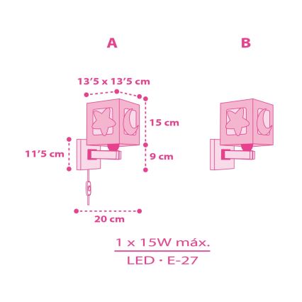 Dalber 63239S - Seinavalgusti lastetuppa MOONLIGHT 1xE27/15W/230V roosa