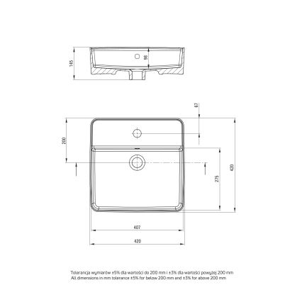 Deante CGS_6U4B - Lauaplaadi valamuga, millel on segisti ava SQUARE 42x42 cm keraamika/valge