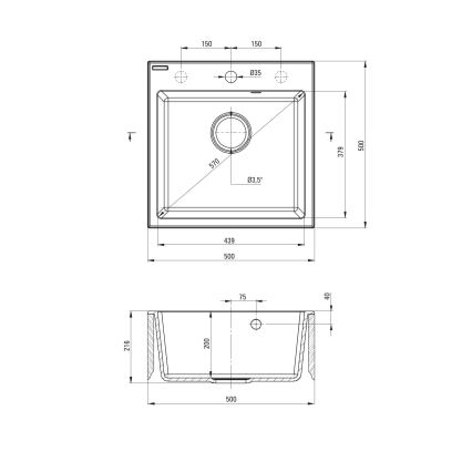 Deante ZQJNN103 - Valamu kööki EVORA 50x50 cm + valamu kraan paindliku varrega graniit/must