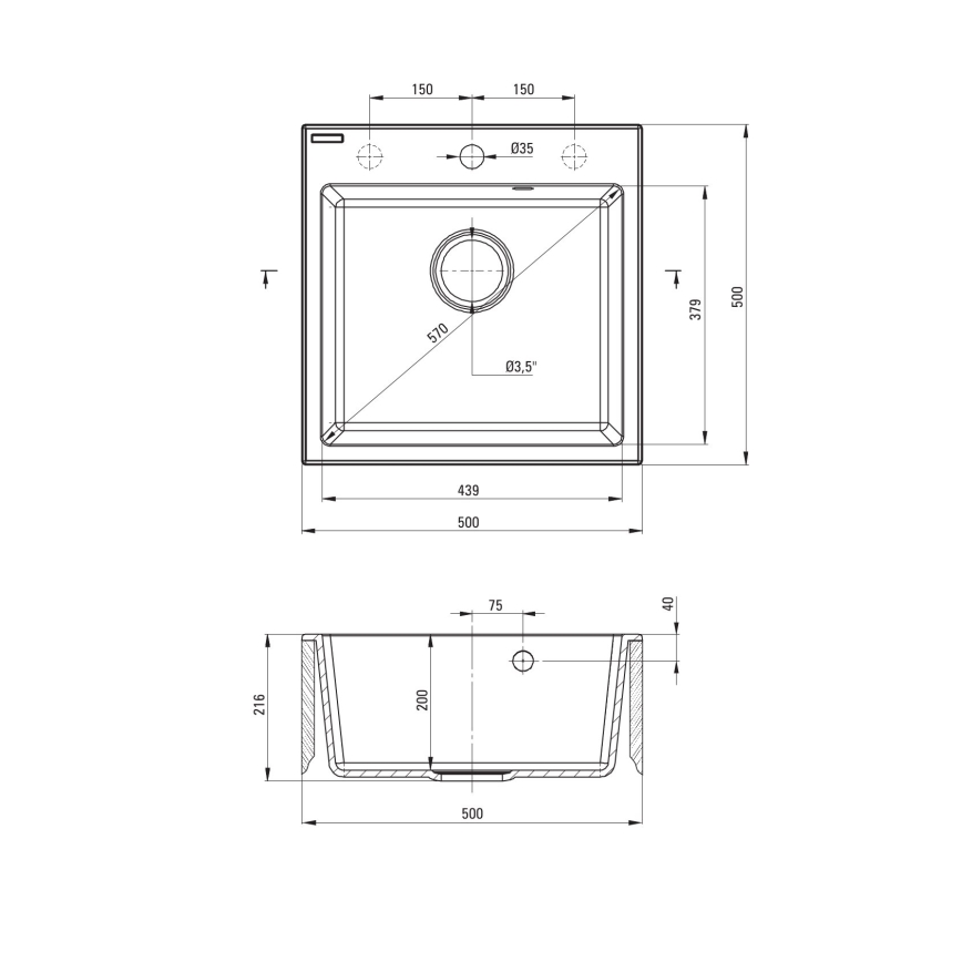 Deante ZQJNN103 - Valamu kööki EVORA 50x50 cm + valamu kraan paindliku varrega graniit/must