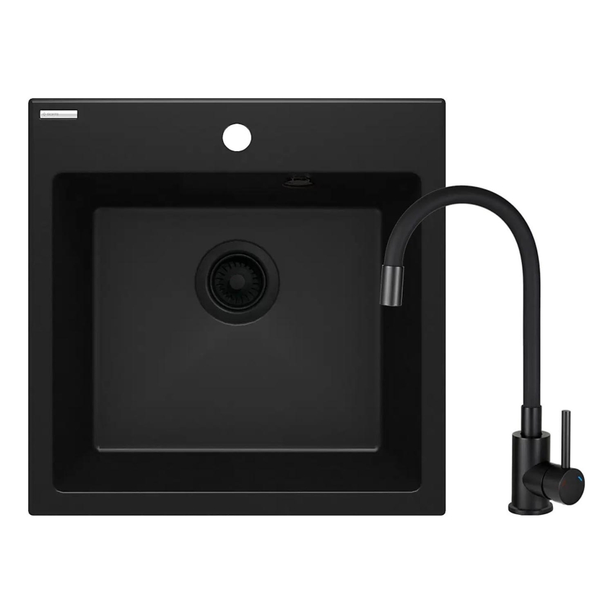 Deante ZQJNN103 - Valamu kööki EVORA 50x50 cm + valamu kraan paindliku varrega graniit/must