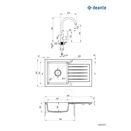 Deante ZQZVT113 - Valamu kööki ZORBA 76x44 cm + valamu kraan graniit/metallik antratsiit