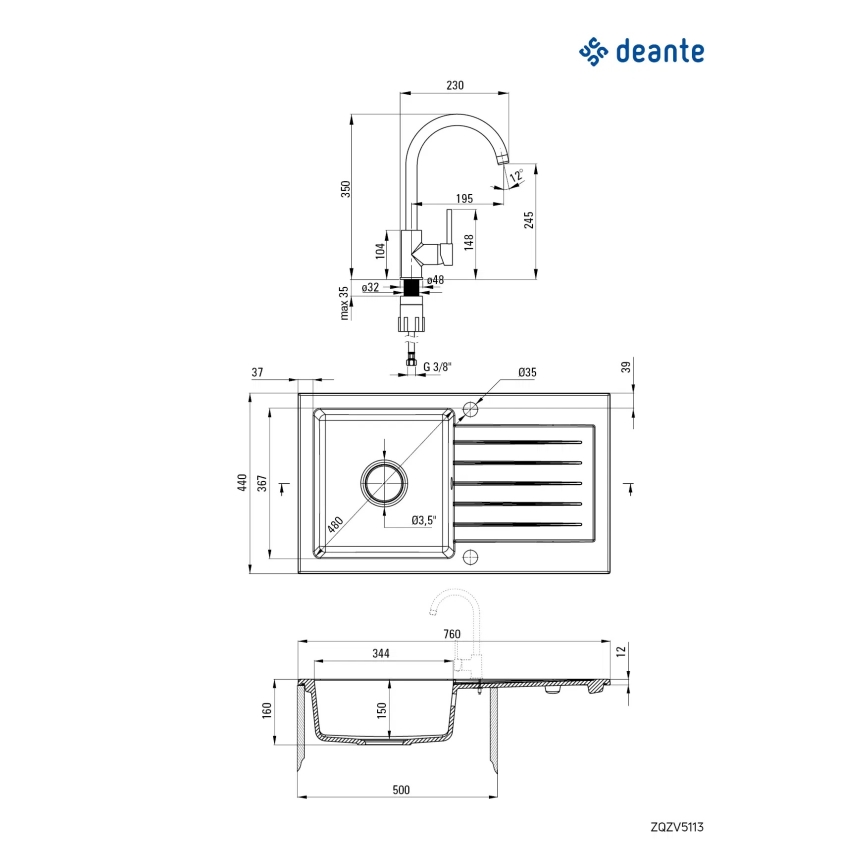 Deante ZQZVT113 - Valamu kööki ZORBA 76x44 cm + valamu kraan graniit/metallik antratsiit