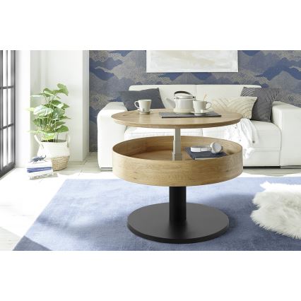 Diivanilaud ELEMENT tõstetava lauaplaadiga, Ø 75 cm, tamm/must