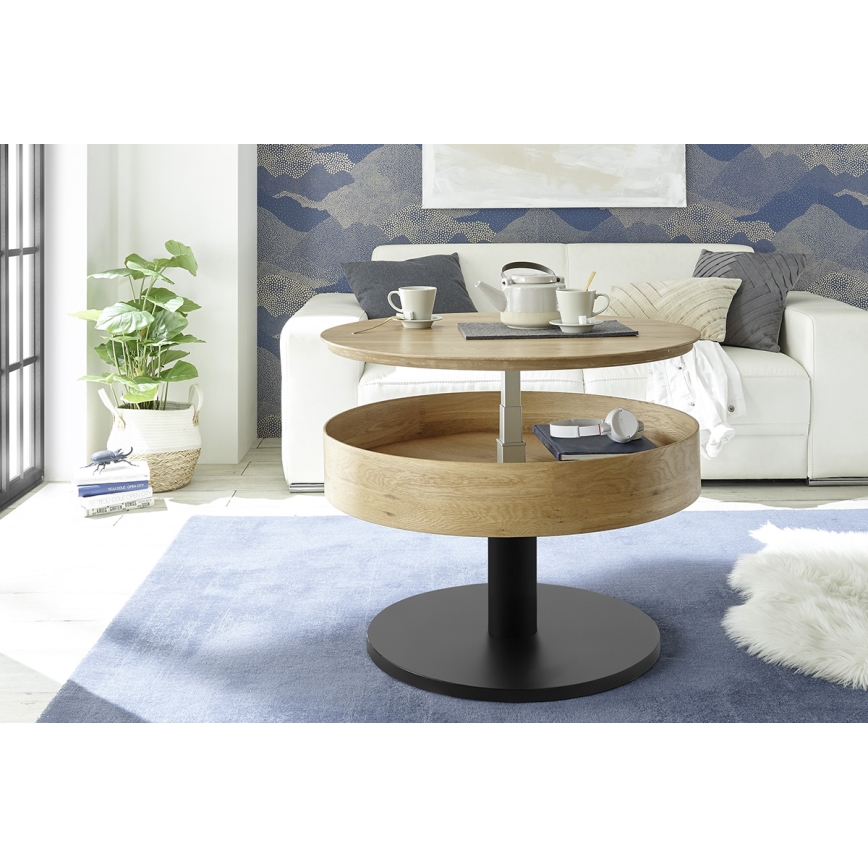 Diivanilaud ELEMENT tõstetava lauaplaadiga, Ø 75 cm, tamm/must