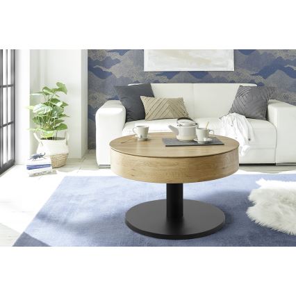 Diivanilaud ELEMENT tõstetava lauaplaadiga, Ø 75 cm, tamm/must