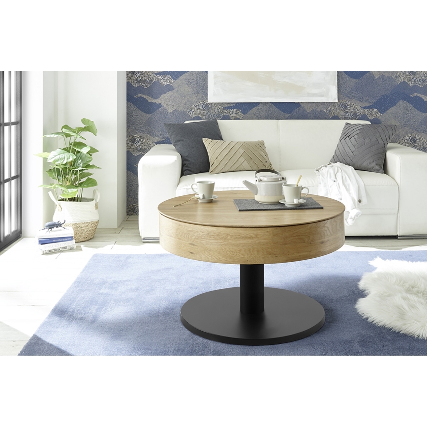 Diivanilaud ELEMENT tõstetava lauaplaadiga, Ø 75 cm, tamm/must