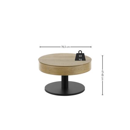 Diivanilaud ELEMENT tõstetava lauaplaadiga, Ø 75 cm, tamm/must