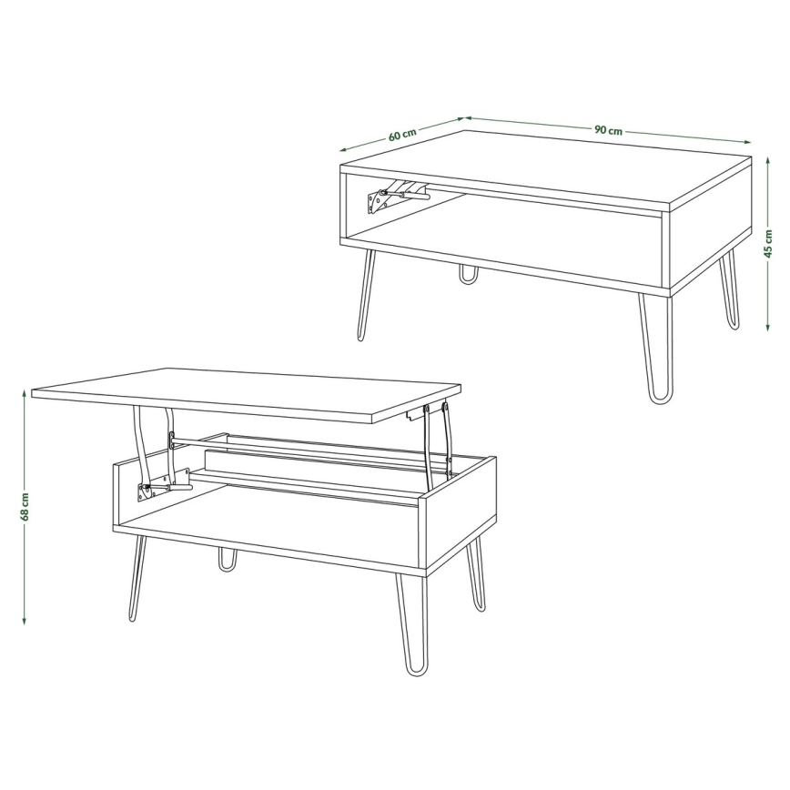 Diivanilaud HALIJA tõstetava plaadiga ja riiuliga, valge/must