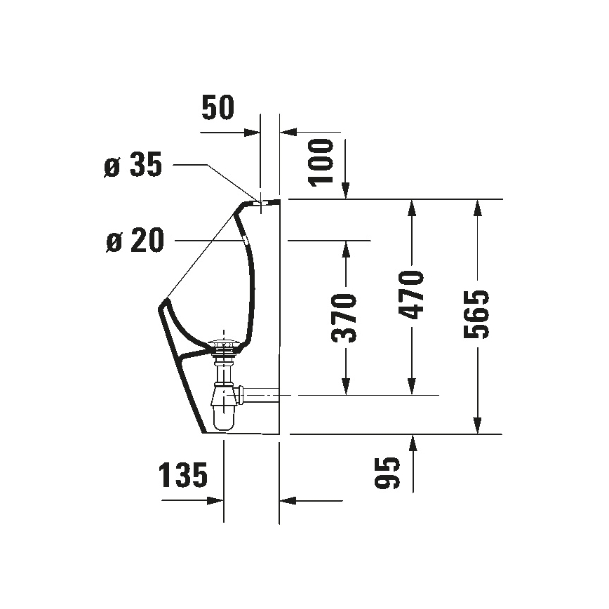 Duravit 828300000 - Pisuaar Rimless D-CODE, ülemise veesisselaskega, tagumise äravooluga, keraamika/läikiv valge