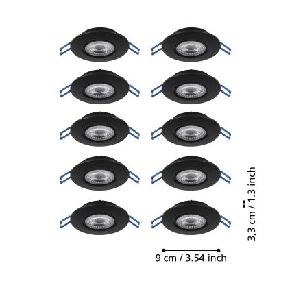 Eglo - komplekt 10 LED-süvistatavat laevalgustit, 4,9 W, 230 V, 2700/4000/6500 K, Ø 9 cm, must