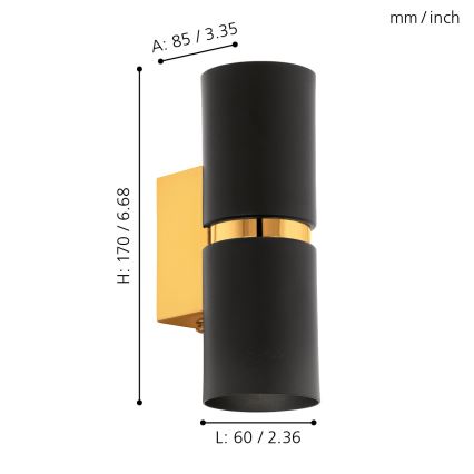 Eglo 64795 - LED Seinavalgusti PASSA PRO 2xGU10/3,3W/230V 3000K must/kuldne