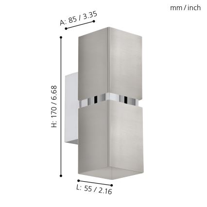 Eglo 96264 - LED seinavalgusti PASSA 2xGU10/2,8W/230V ruudukujuline