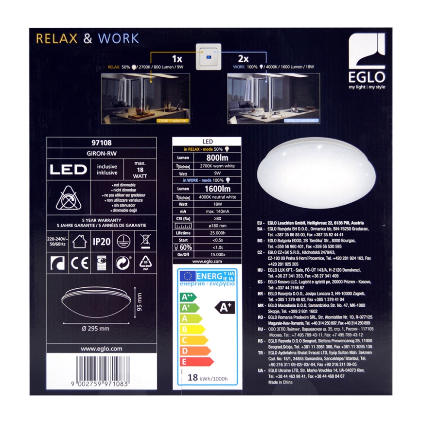 Eglo 97108 - LED laevalgusti GIRON-RW 1xLED/18W/230V 2700K-4000K
