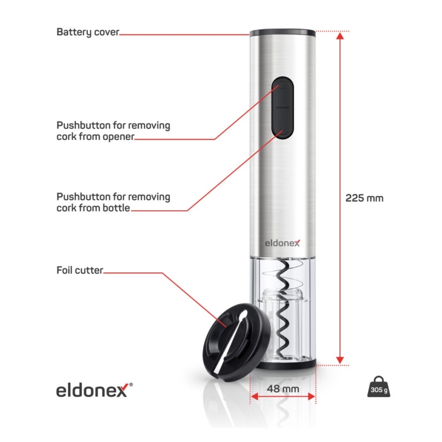 ELDONEX EWO-2200-SL - Elektriline veiniavaja 4xAA matt kroom