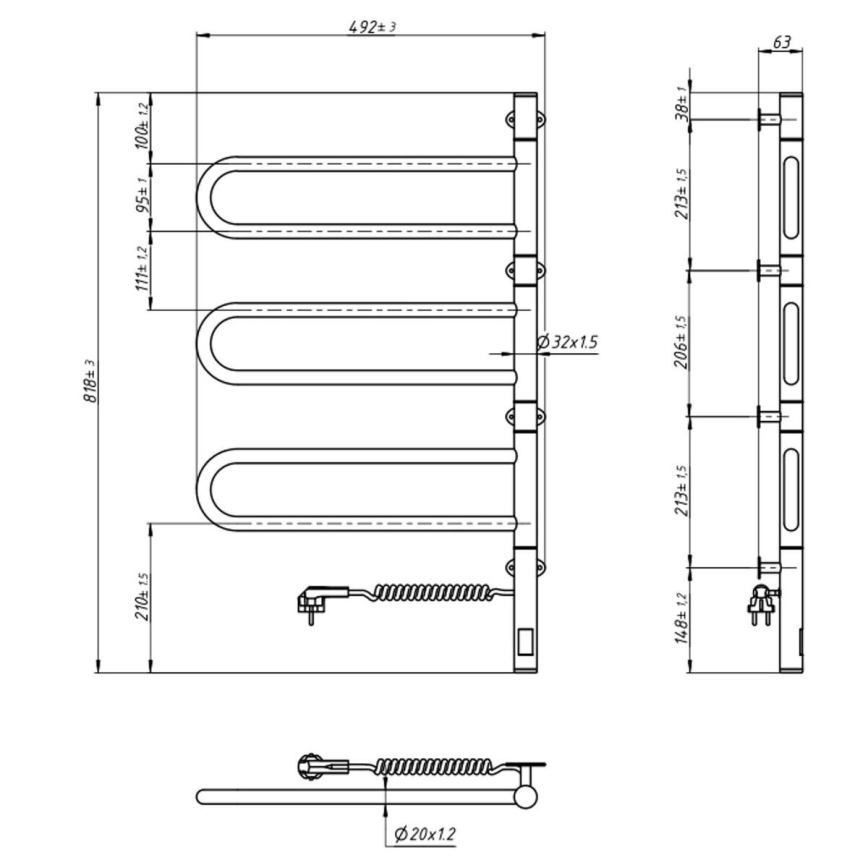 Elektriline pööratav rätikuhoidik koos termostaadiga FOUETTE 185W/230V 81,8 cm IP44 must