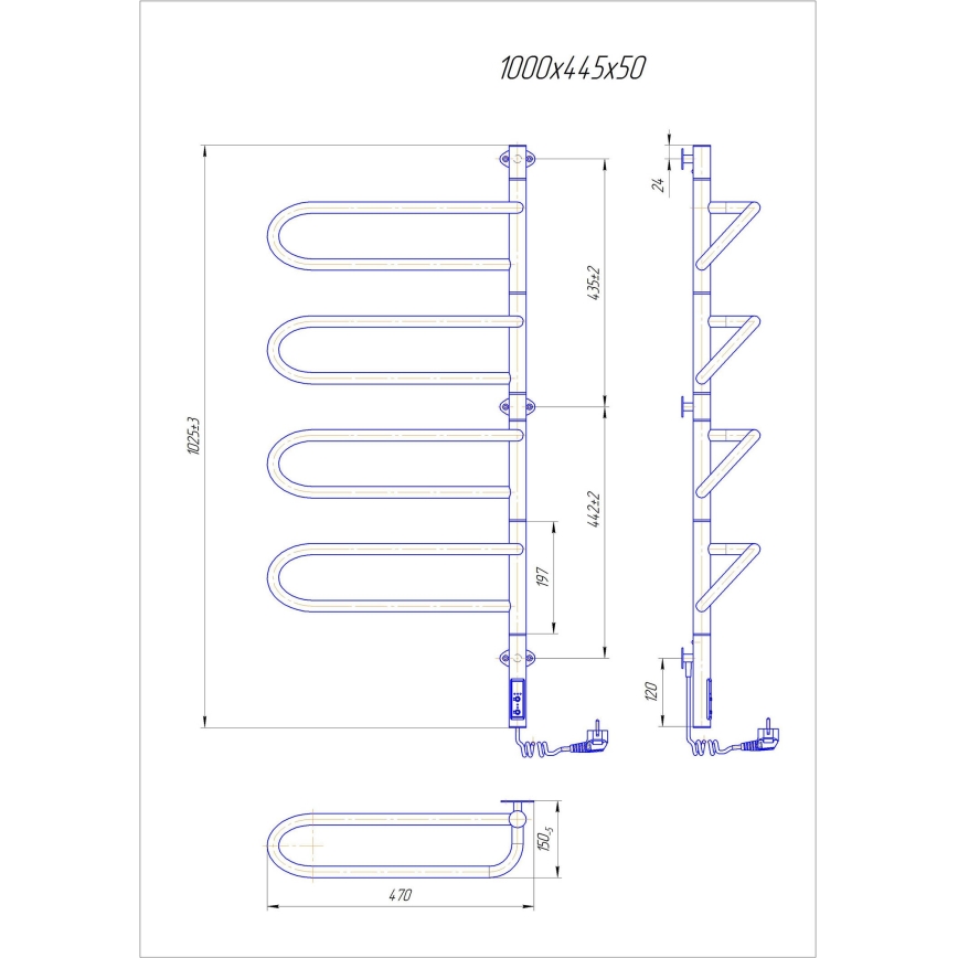 Elektriline pööratav rätikukuivati ELECTRA 120W/230V 102,5x44,5 cm roostevaba teras/kroom parempoolne