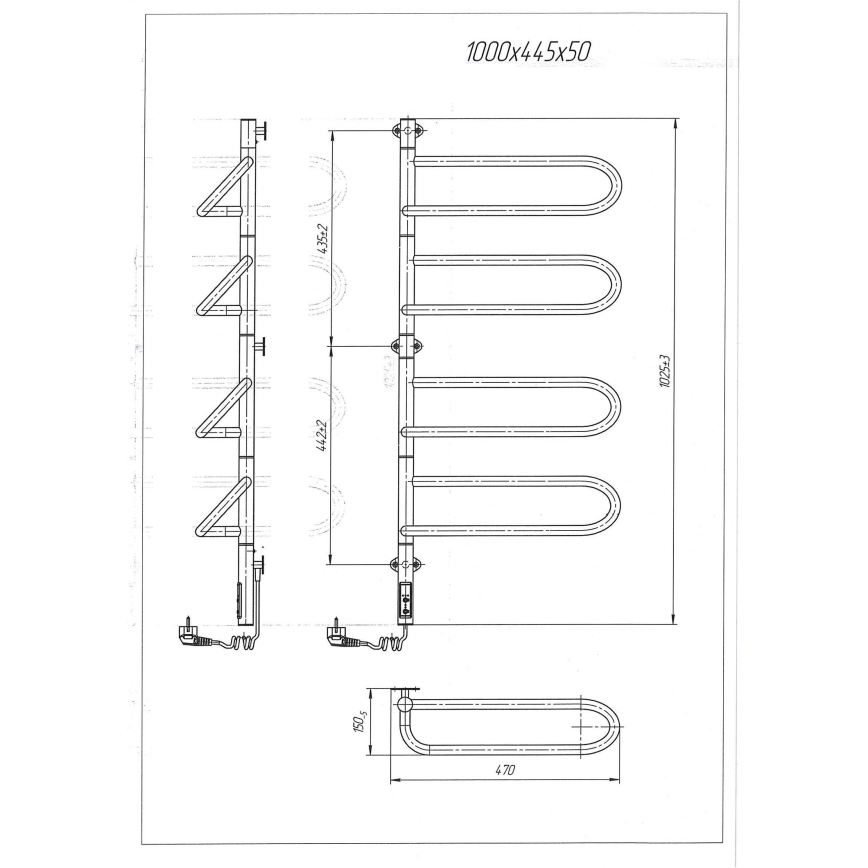 Elektriline pööratav rätikukuivati ELECTRA 120W/230V 102,5x47,5 cm roostevaba/kroom vasakpoolne