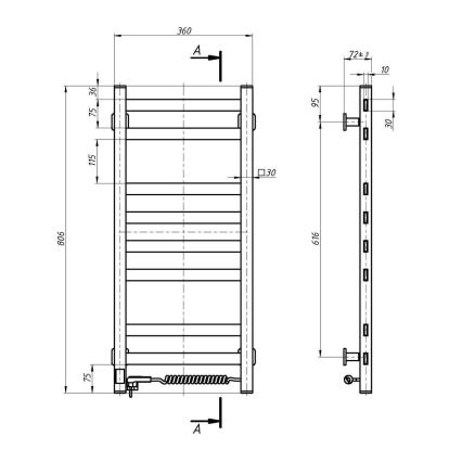 Elektriline rätikuivati termostaadiga AVANGARD 105W 80x36 cm  valge parempoolne