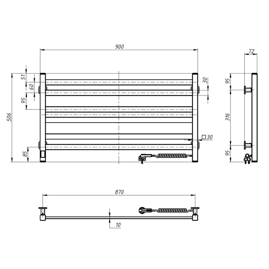 Elektriline rätikuivati termostaadiga AVANGARD 181W 50x90 cm, valge, parempoolne