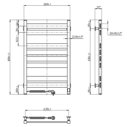Elektriline rätikuivati termostaadiga LARGO 168W 80x50 cm, must, vasakpoolne
