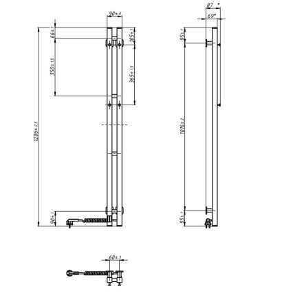 Elektriline rätikuivati termostaadiga SILOUETTE 70W 120x9 cm must parempoolne