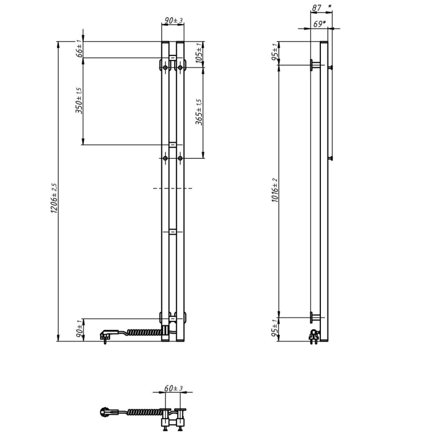 Elektriline rätikuivati termostaadiga SILOUETTE 70W 120x9 cm must parempoolne