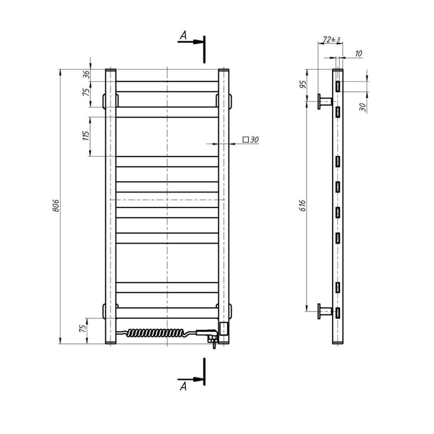 Elektriline rätikukuivati termostaadiga AVANGARD 105W 80x36 cm valge, vasakpoolne