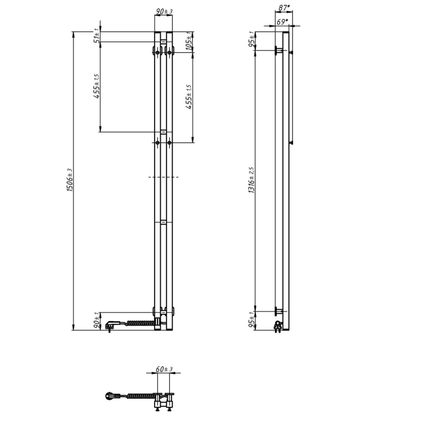 Elektriline rätikukuivati termostaadiga SILOUETTE 200W/230V 150,6 cm IP44 valge parempoolne