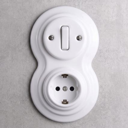 Elhard - keraamiline retro-lüliti nr. 1 ja 230V pistikupesa SCHUKO raamiga, valge