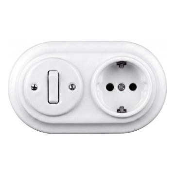Elhard - Keraamiline retro-lüliti nr 1 ja 230V SCHUKO raamiga pistikupesa, valge