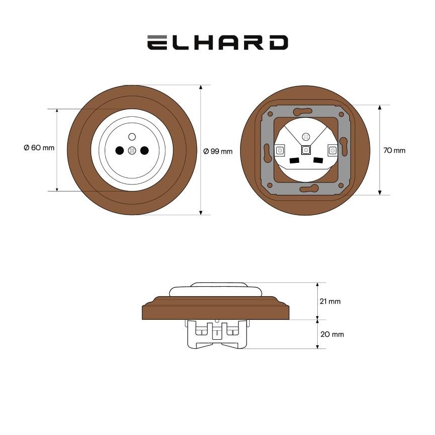 Elhard - keraamiline retro pistikupesa koduseks kasutamiseks raamiga 230 V valge/tume puit