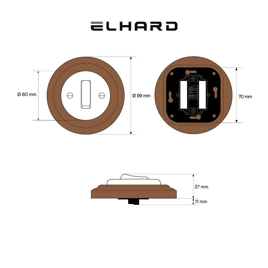 Elhard - Keraamiline retro ühe lülitiga lüliti raamiga nr 1 must/tume puit