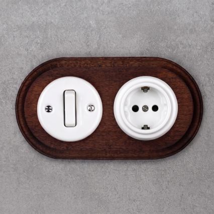 Elhard - keraamiline retrolüliti nr 1 ja pistikupesa 230V SCHUKO-raamiga valge/tume puit