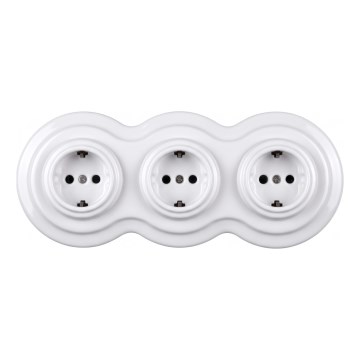 Elhard - Kolmeosaline keraamiline retro seinapistikupesa raamiga SCHUKO 230V valge