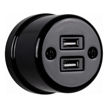 Elhard - seinale paigaldatav keraamiline retro pistikupesa 2× USB-A, must