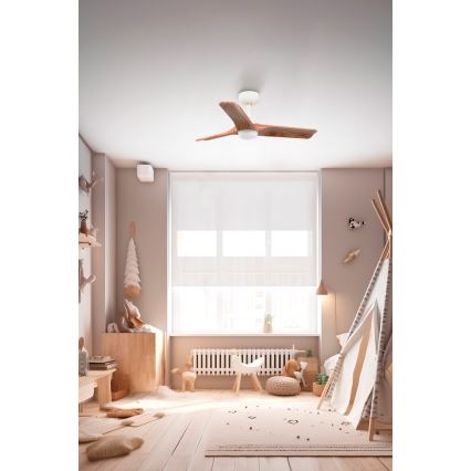 FARO 33805-1TW - Hämardatav LED-laeventilaator HEYWOOD S, LED 10 W/230 V, 2700/3000/4000 K, puit/valge, läbimõõt 90 cm + kaugjuhtimispult