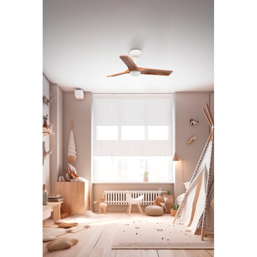 FARO 33805-1TW - Hämardatav LED-laeventilaator HEYWOOD S, LED 10 W/230 V, 2700/3000/4000 K, puit/valge, läbimõõt 90 cm + kaugjuhtimispult