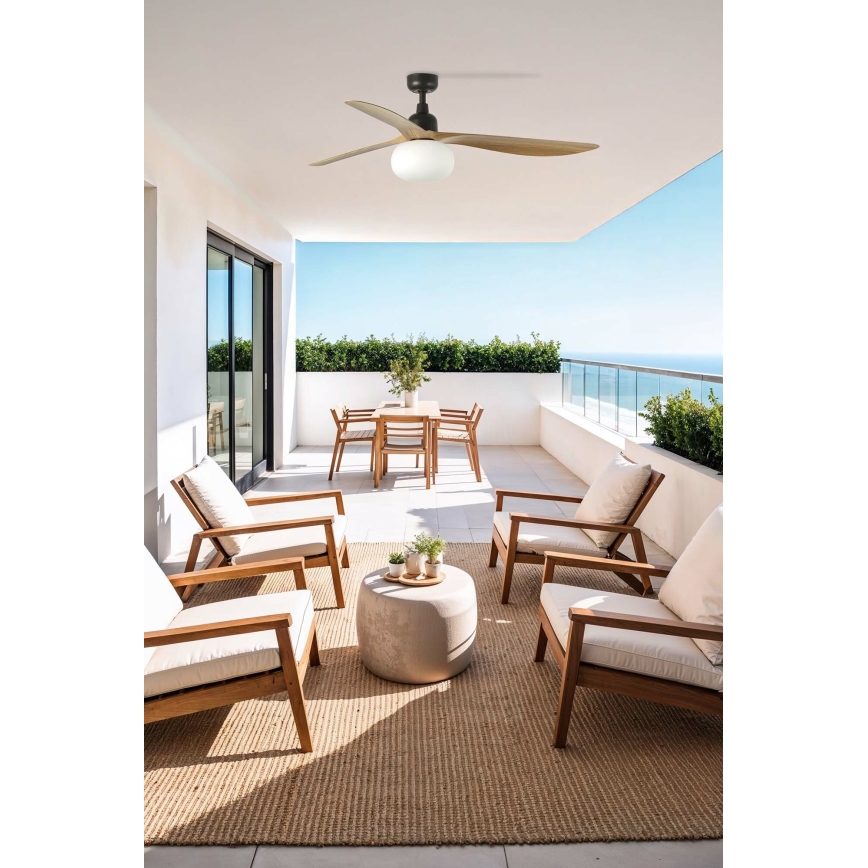 FARO 34360WT-11L - Laeventilaator OUTWOOD L 1xE27/15W/230V pruun/must läbimõõt 150 cm Wi-Fi Tuya IP44 + kaugjuhtimispult