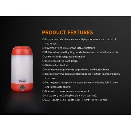 Fenix CL26RRED - LED Hämardatav kaasaskantav laetav lamp LED/USB/2xCR123A IP66 400 läikiv 400 h 2600 mAh oranž