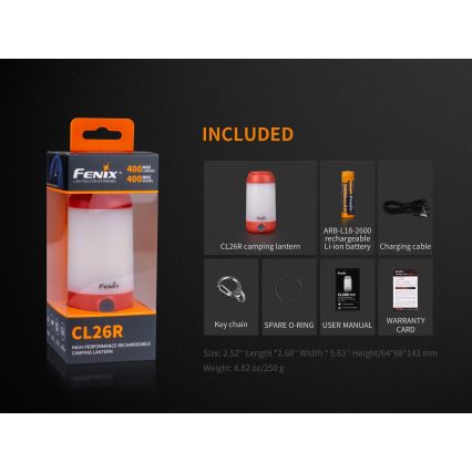 Fenix CL26RRED - LED Hämardatav kaasaskantav laetav lamp LED/USB/2xCR123A IP66 400 läikiv 400 h 2600 mAh oranž