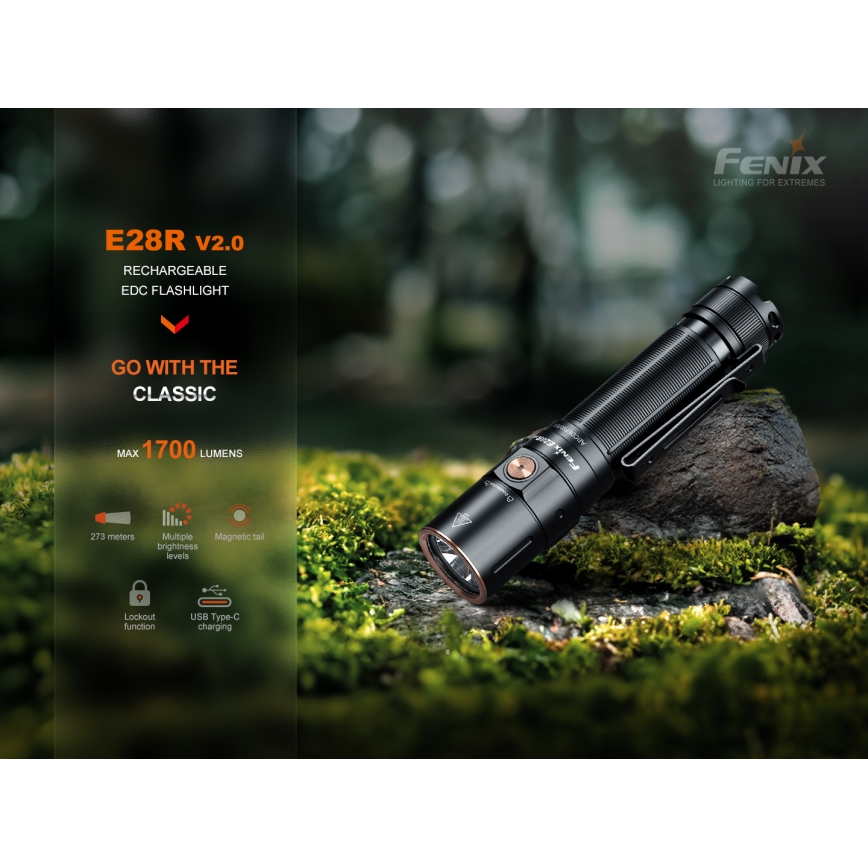 Fenix E28RV20 - LED Hämardatav laetav taskulamp LED/USB/2xCR123A IP68 1700 läikiv 260 h 3400 mAh