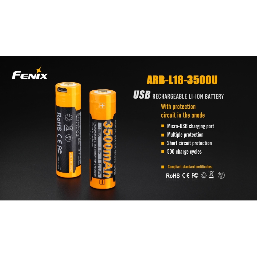 Fenix FE18650LI35USB - 1 tk Laetav USB-aku, 3,6 V, 3500 mAh