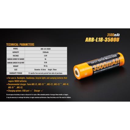 Fenix FE18650LI35USB - 1 tk Laetav USB-aku, 3,6 V, 3500 mAh