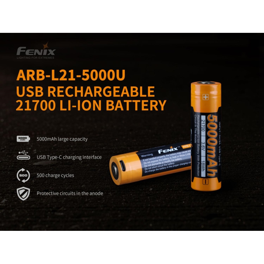 Fenix FE21700USB - 1 tk Laetav USB-aku, 3,6V, 5000 mAh